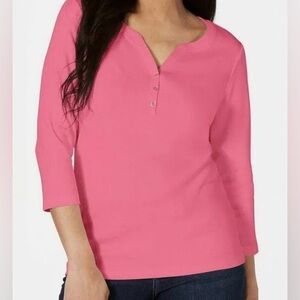 Karen Scott Pink 3/4 Sleeve  Henley Tee Shirt NWOT
